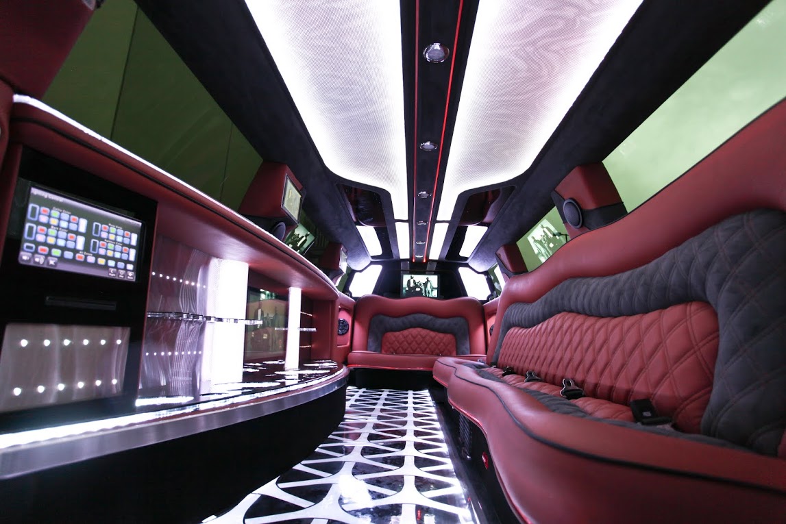 Luxurious Limousine Interior - Suede Roof, with Colour Changing Ceiling. Bellagio Limousines Perth